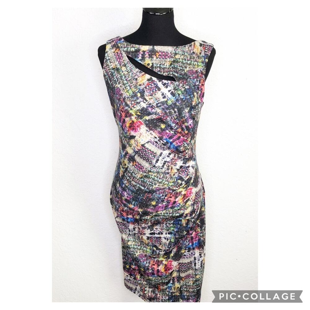 Joseph Ribkoff black multicolor graphic cutout sheath midi dress size 10 NWT